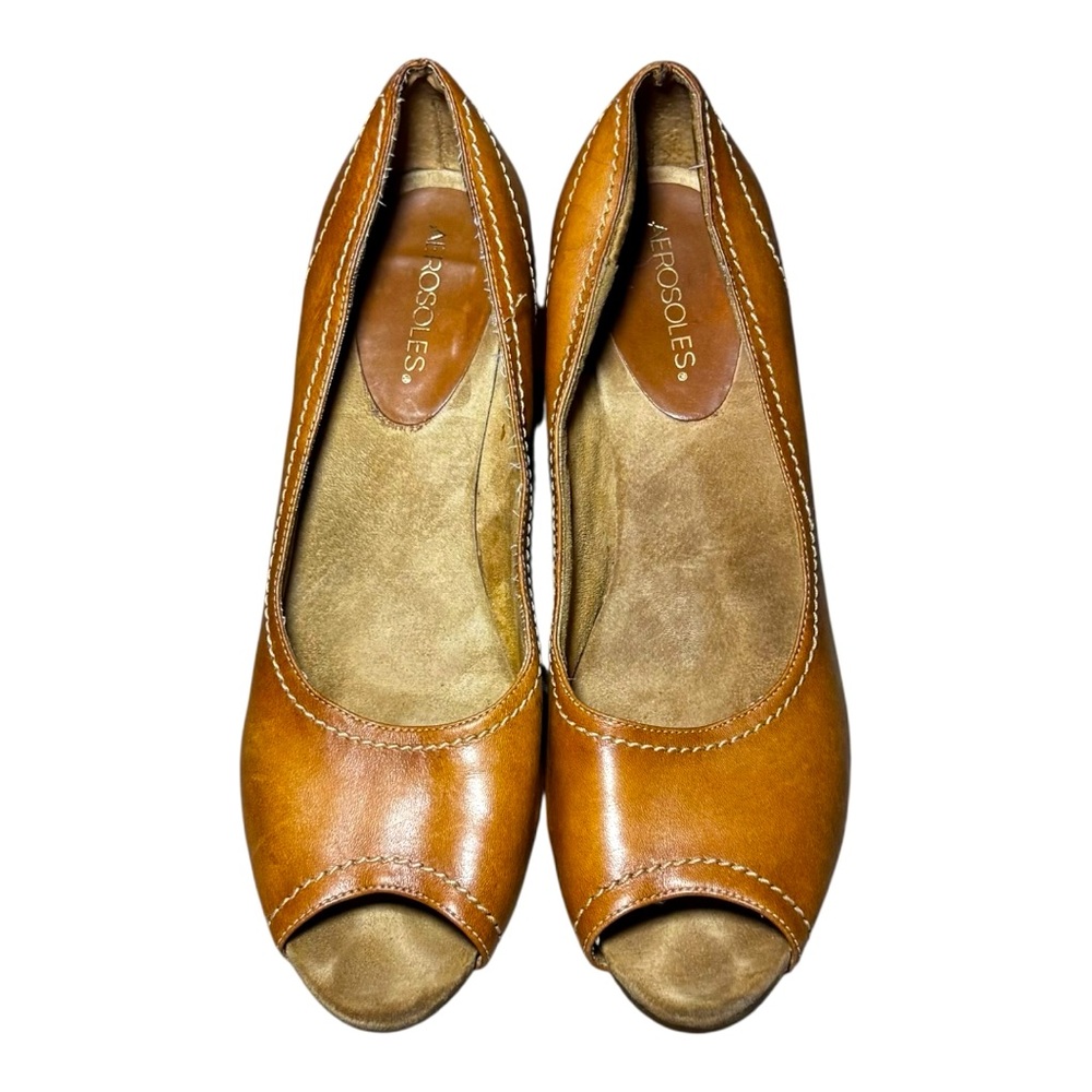 AEROSOLES Cognac Peep-Toe Leather Heels